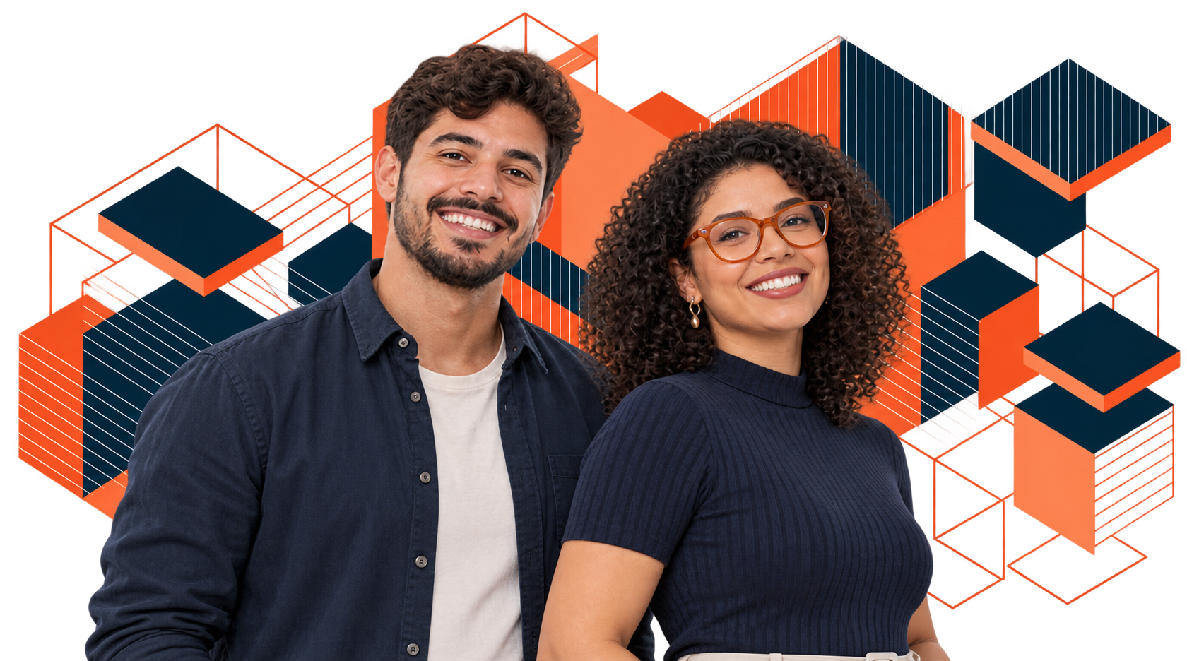 Homem de camisa azul-marinho e mulher de óculos e camisa azul, ao lado de formas geométricas em laranja e azul-marinho